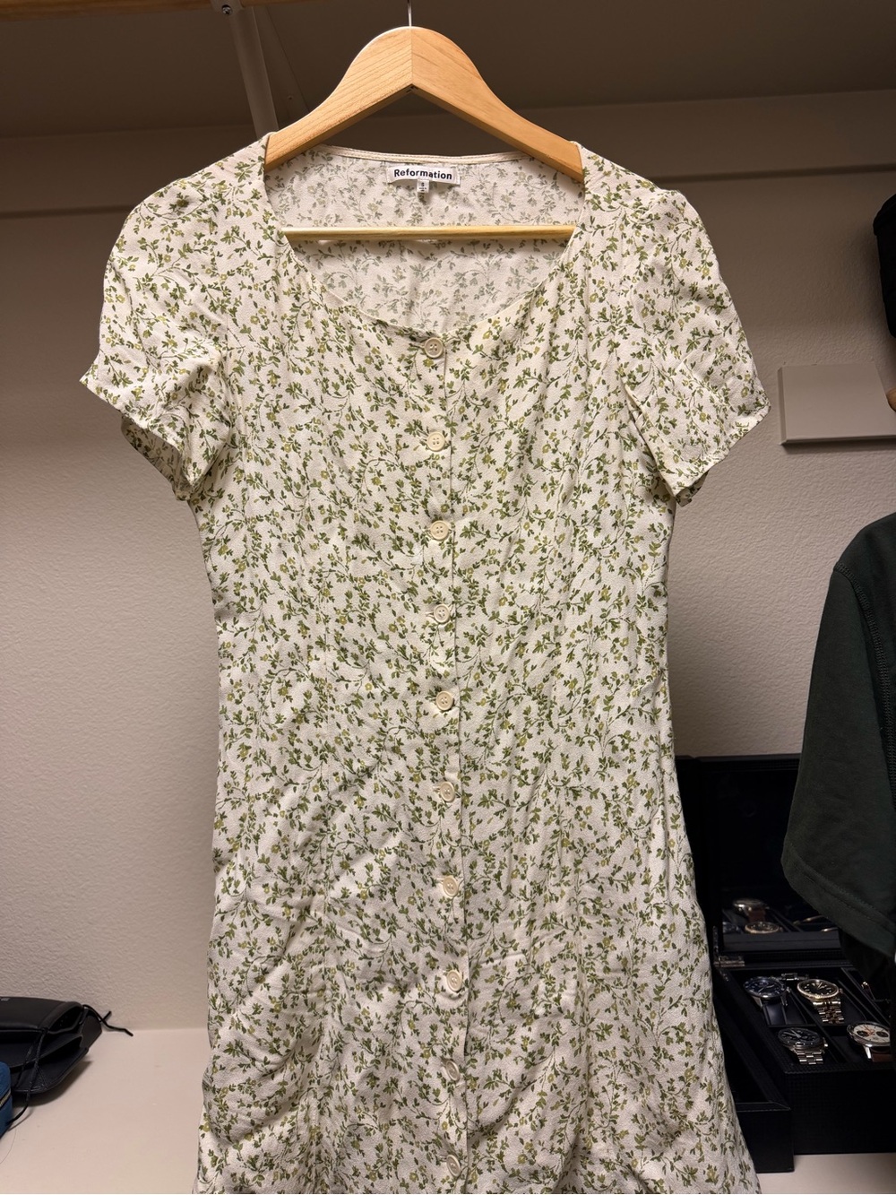 Reformation Cream Mini Dress with Green Floral Print